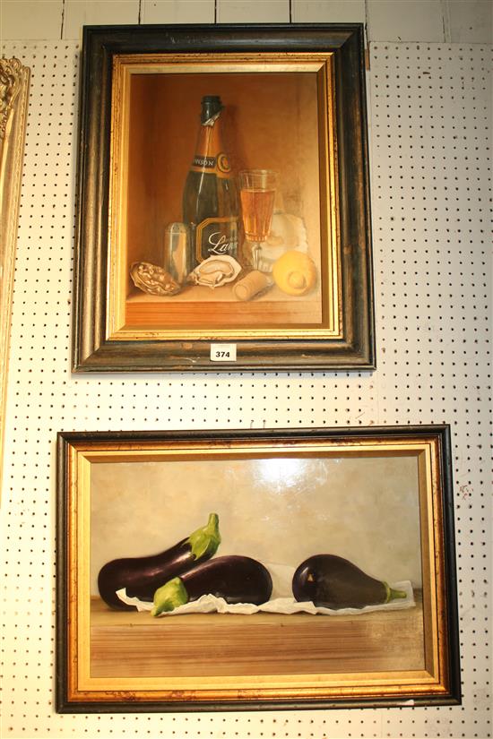 Stuart Smith (Contemporary), oil on board still life, Lanson Champagne, signed & Aubergines signed(-)